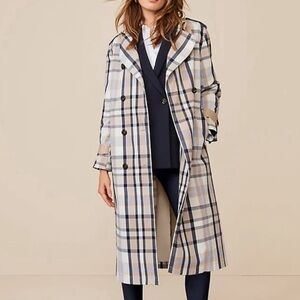 NWT Ann Taylor Navy Tan Plaid Trench Coat XL